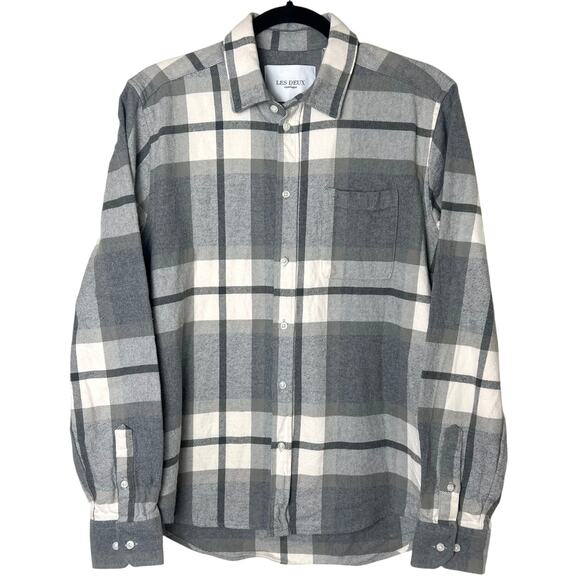 Les Deux Jeremy Check Flannel Shirt Regular Fit Button Down Gray Plaid Sz S - Picture 1 of 11